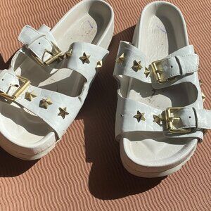 J/Slides White Leather Sandal w/ Studded Gold Star Embellishments.